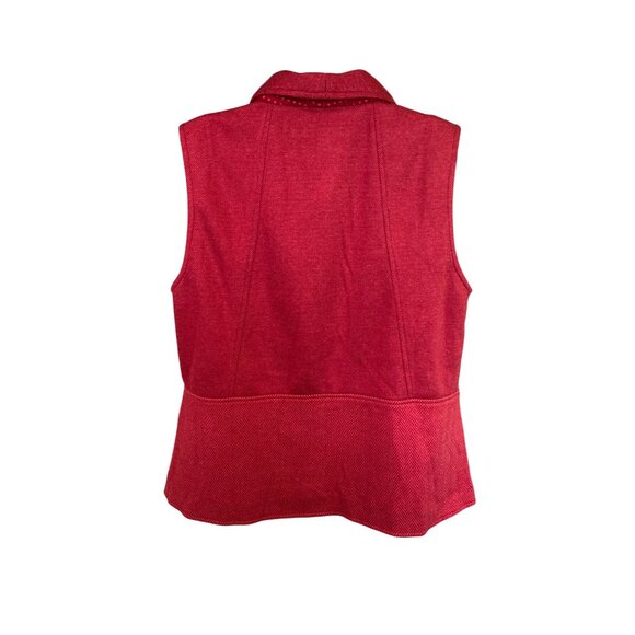 Coldwater Creek Red Vest L Polka Dot Trim Textured Herringbone Knit Preppy - Picture 2 of 7